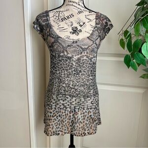 Charlotte Russe Y2K Mixed Animal Print Mesh Tunic Top Tan Sz XL